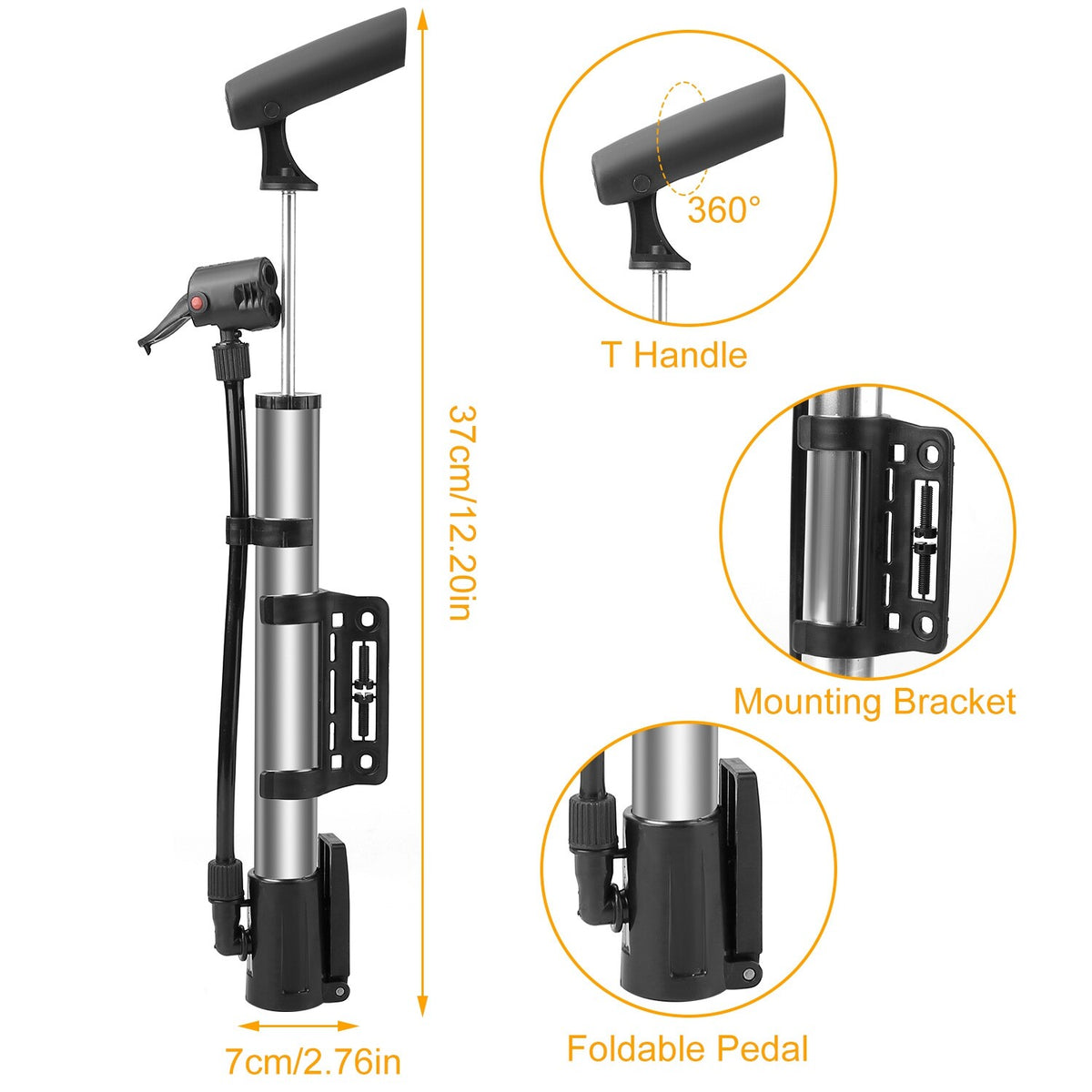 Portable Bicycle Pump with Mount - Compact MTB & Road Bike Inflator