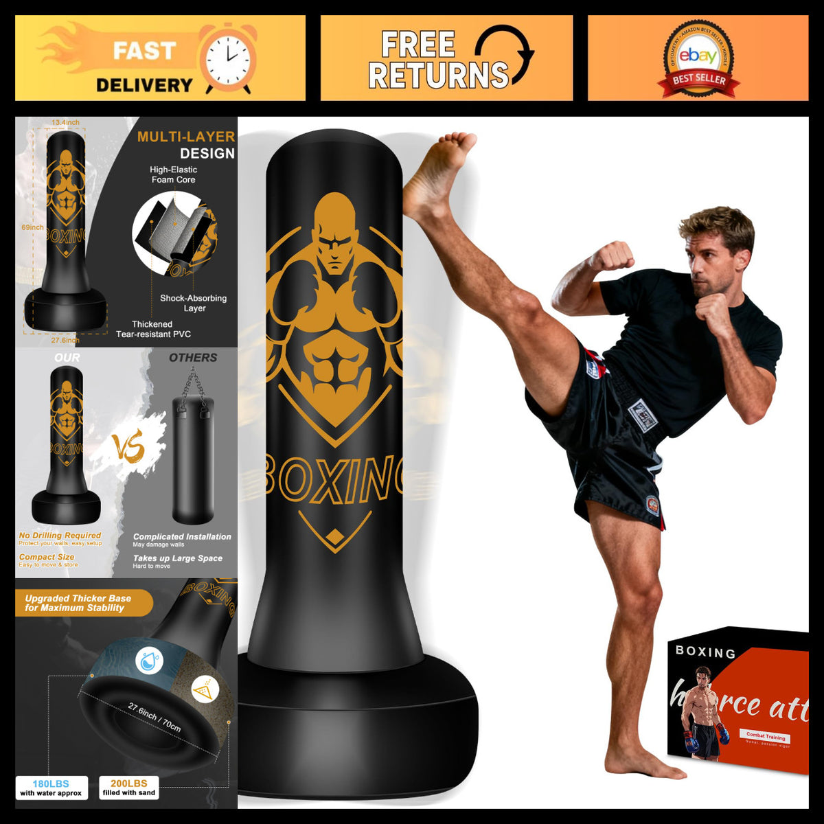 Freestanding Punching Bag with Adjustable Stand for Home Gym Fitness