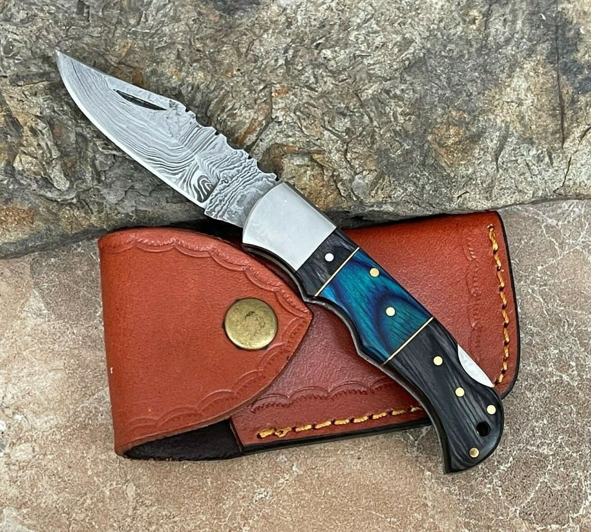 Handmade Damascus Folding Knife with Multiple Color Variants