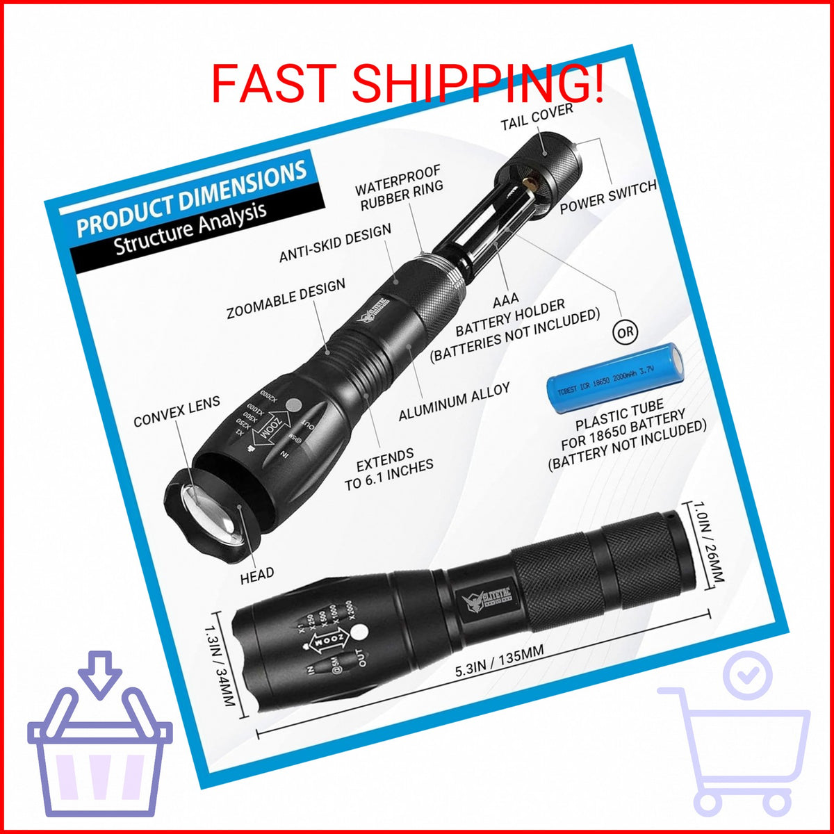 Military Tactical Flashlight 2000 Lumens LED Zoom SOS 5 Modes Elite Model