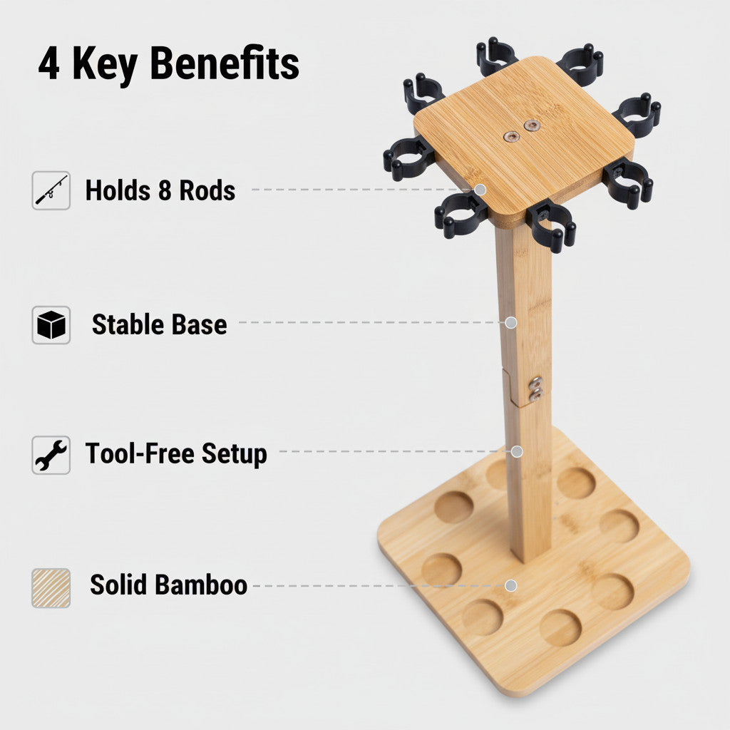 Fishing Rod Holder Rack for Garage - Holds Up to 8 Rods, Bamboo Floor Stand