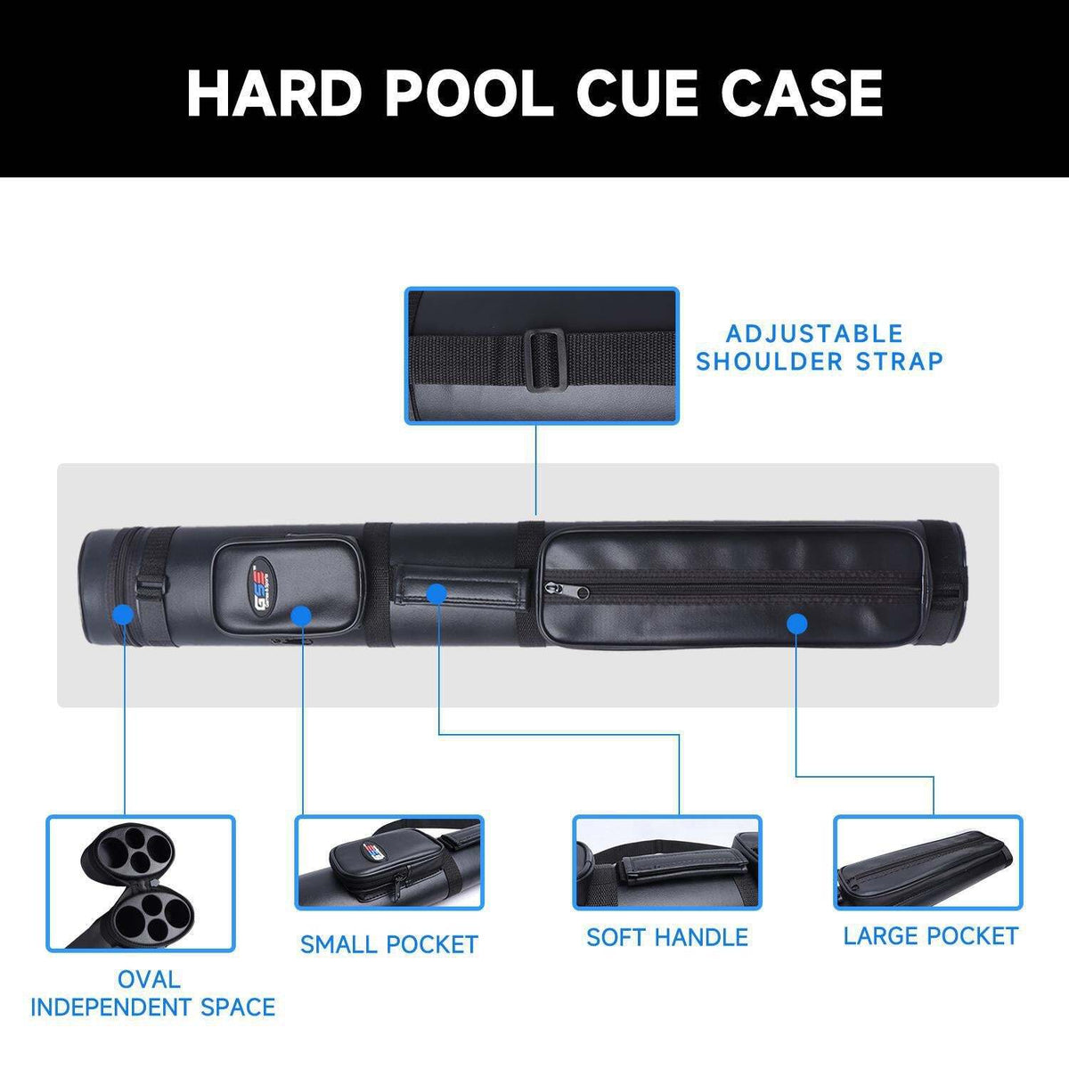 2x2 Oval Billiard Cue Case Holds 2 Butts & 2 Shafts, Leatherette, 32 x 4.33 x 2.56 in