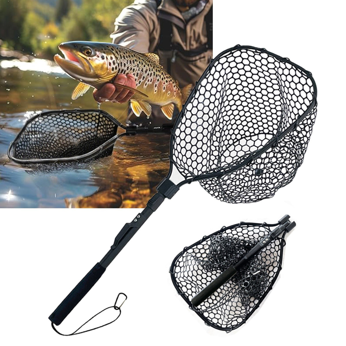 Folding Fishing Landing Net with Rubber Mesh and Aluminum Frame
