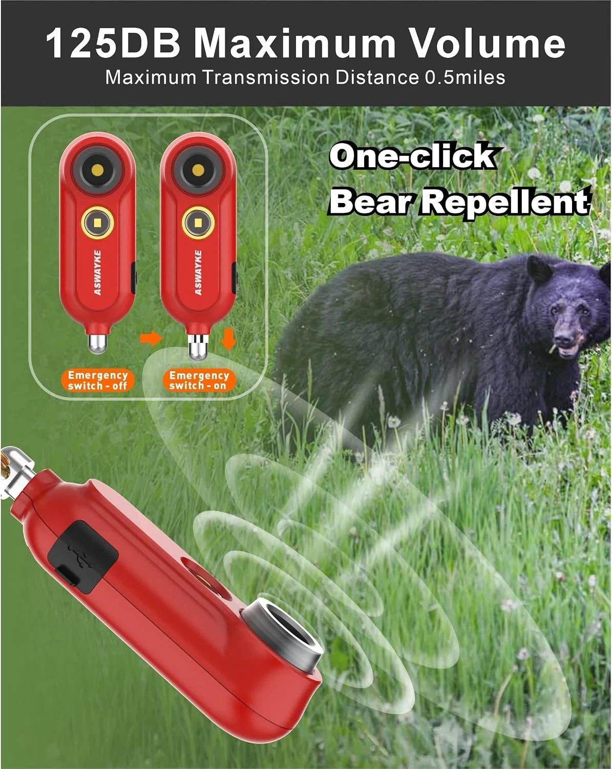 Rechargeable 125dB Waterproof Bear Horn with LED Flashlight & USB-C Charging