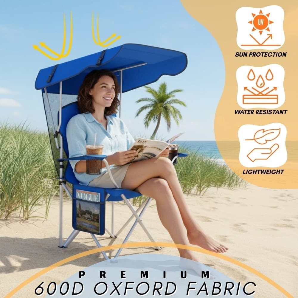 Portable Camping Chair with Canopy Sun Shade and Carrying Straps