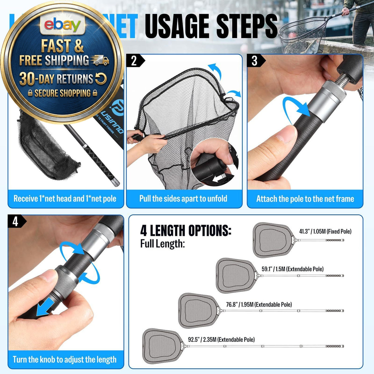 Heavy Duty Telescoping Fishing Net with Carbon Fiber Handle 3.4-7.7FT