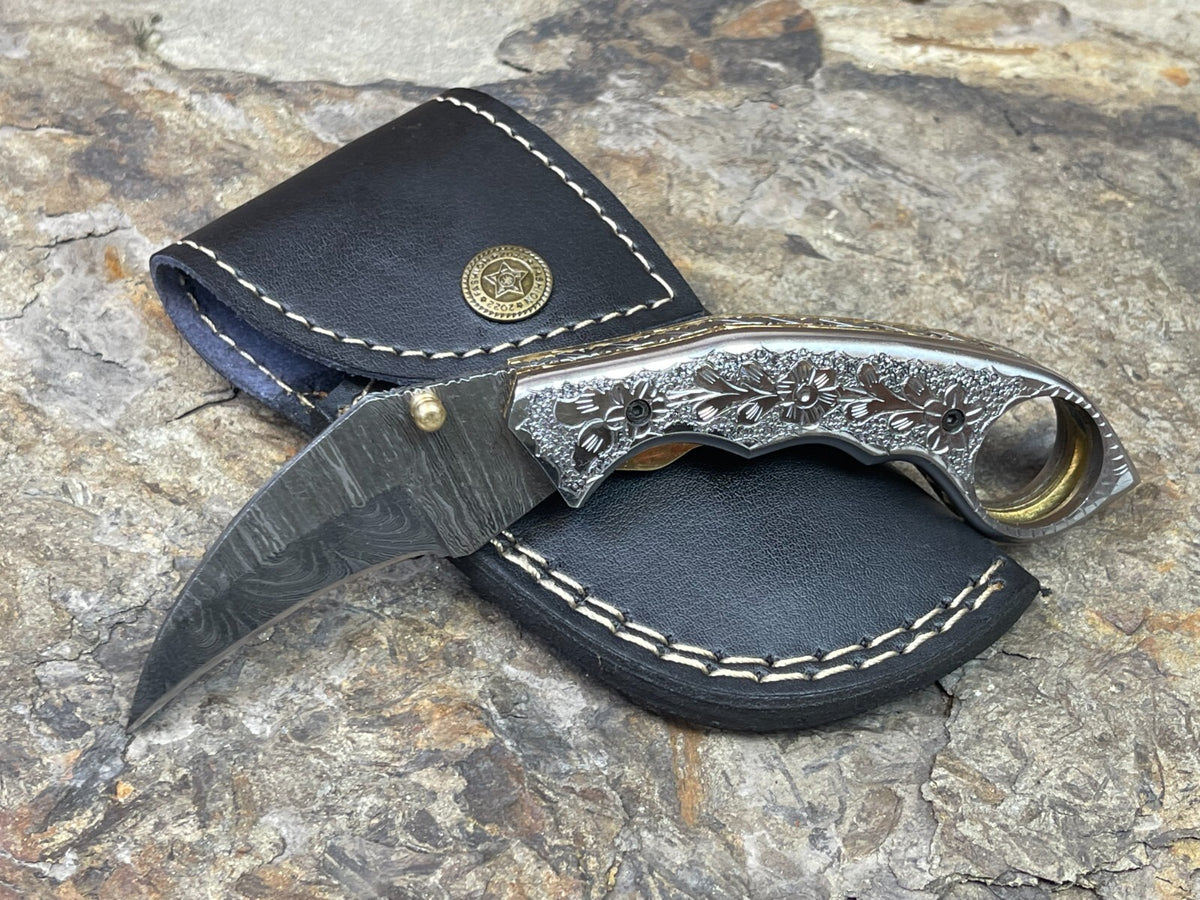 Damascus Folding Pocket Knife with Small Defects Handmade, Multiple Variants