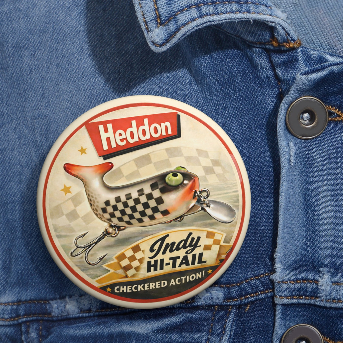 Fishing Lure Pinback Button Checkered Flag Vintage Style Badge