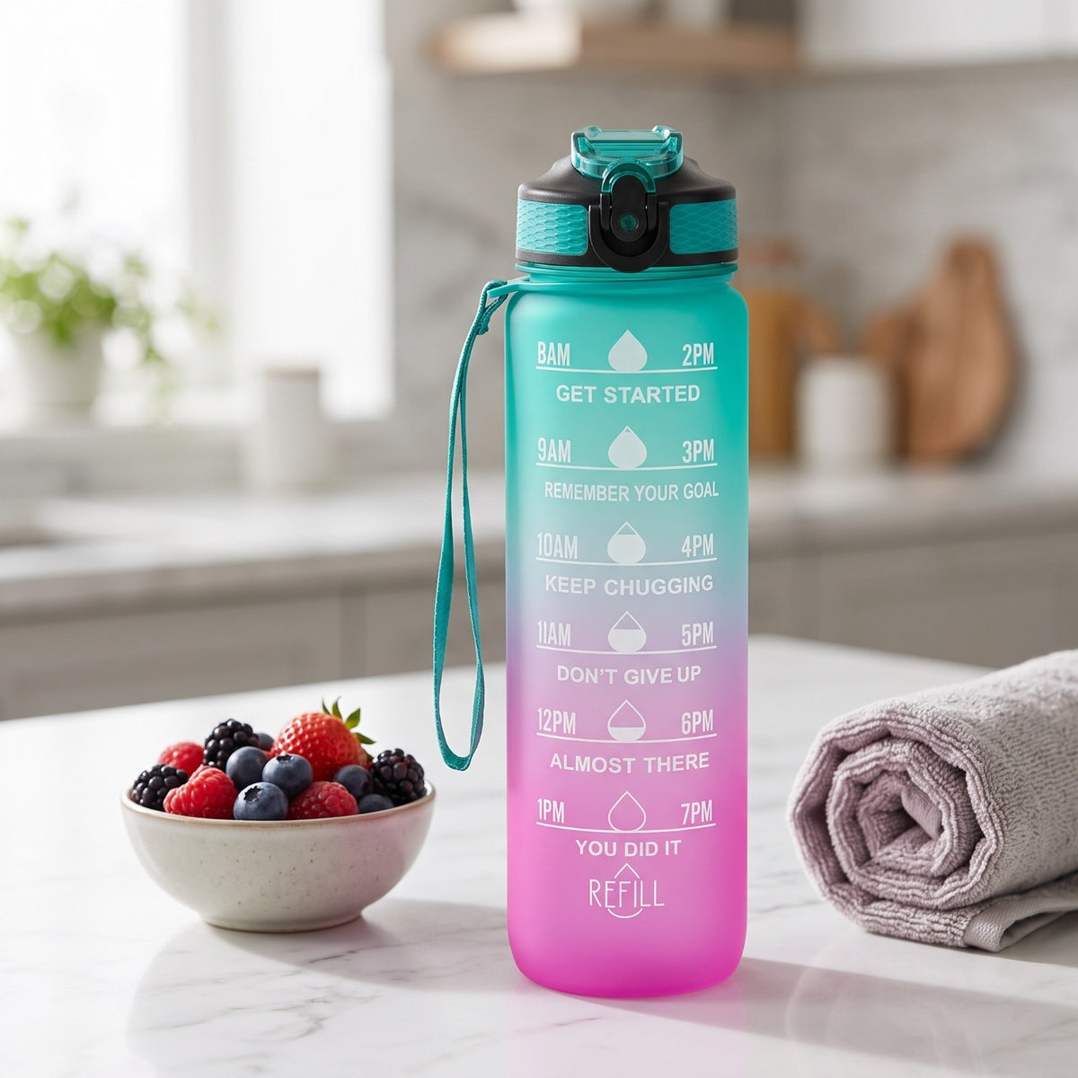1L Motivational Water Bottle with Time Marker and Straw - BPA Free Tritan, Green Pink Gradient