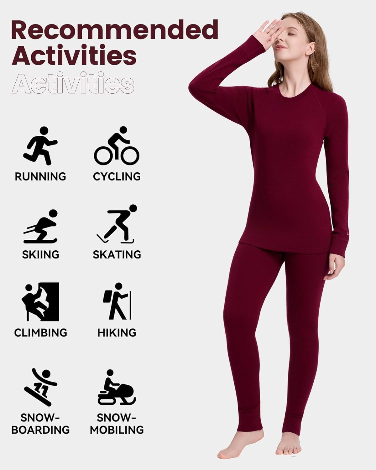 Women’s Merino Wool Base Layer Set Thermal Underwear Ski Cold Weather
