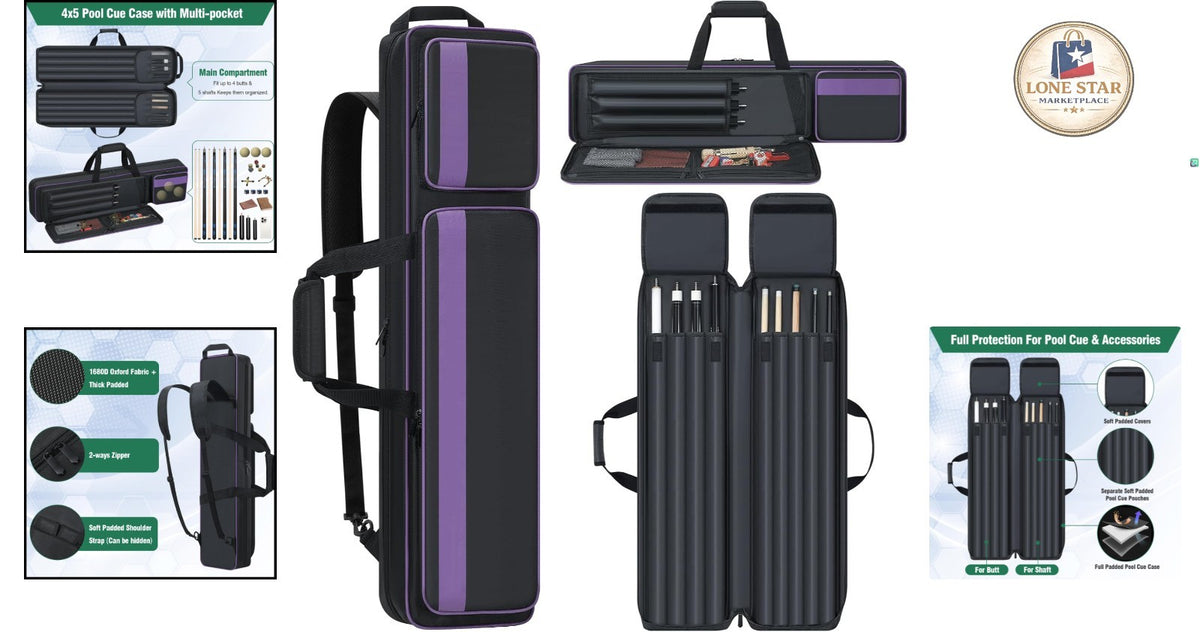 Pool Cue Case 4x5 with 4 Butts & 5 Shafts - Padded Billiard Cue Case with 2 External Pockets