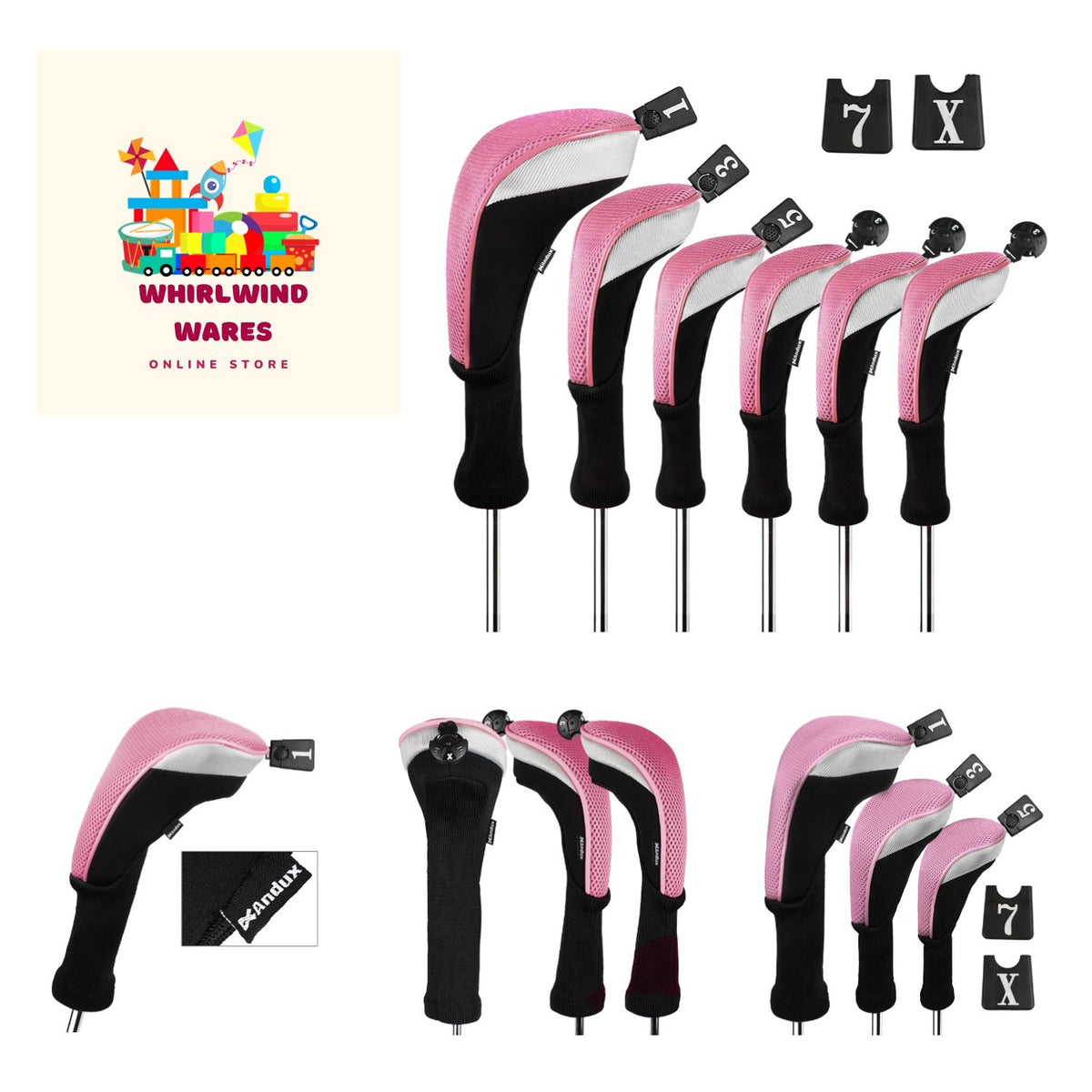 Golf Club Head Covers Set - 6-Piece Black and Pink Protects Drivers & Hybrids