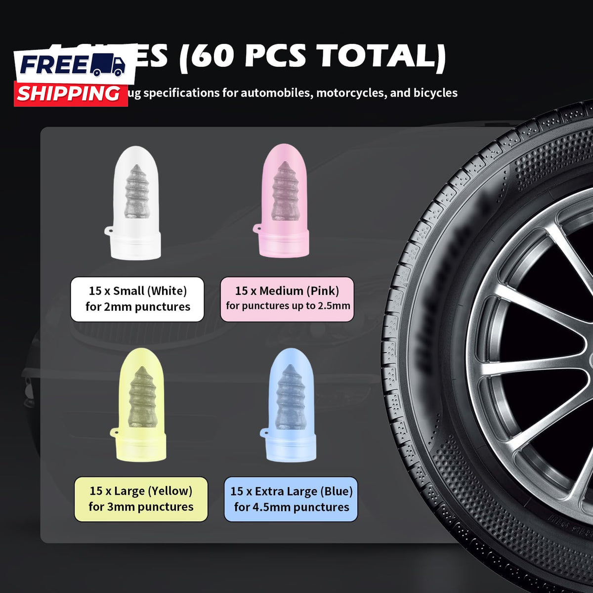 60PCS Tire Repair Kit with Self-Injecting Plugs and Screwdriver