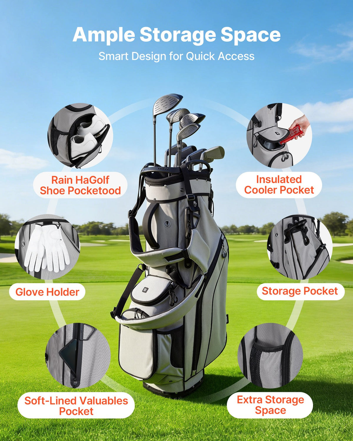 14-Way Golf Cart Bag with Dual Shoulder Straps & Rain Hood – Men & Women