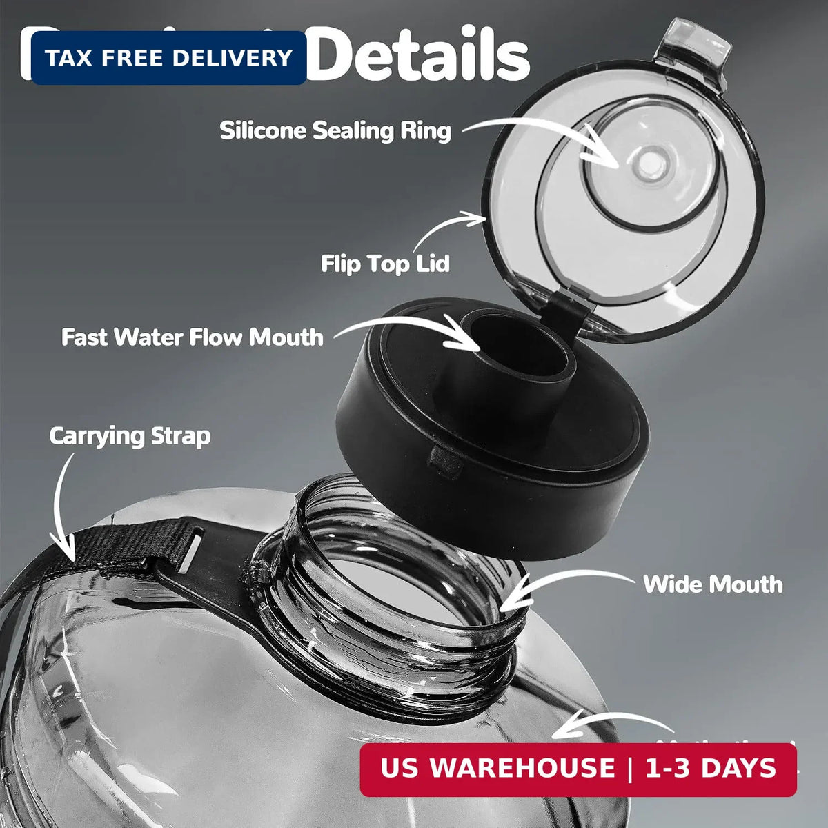 1 Gallon Water Bottle with Motivational Time Marker & Handle - Leakproof Sport Jug