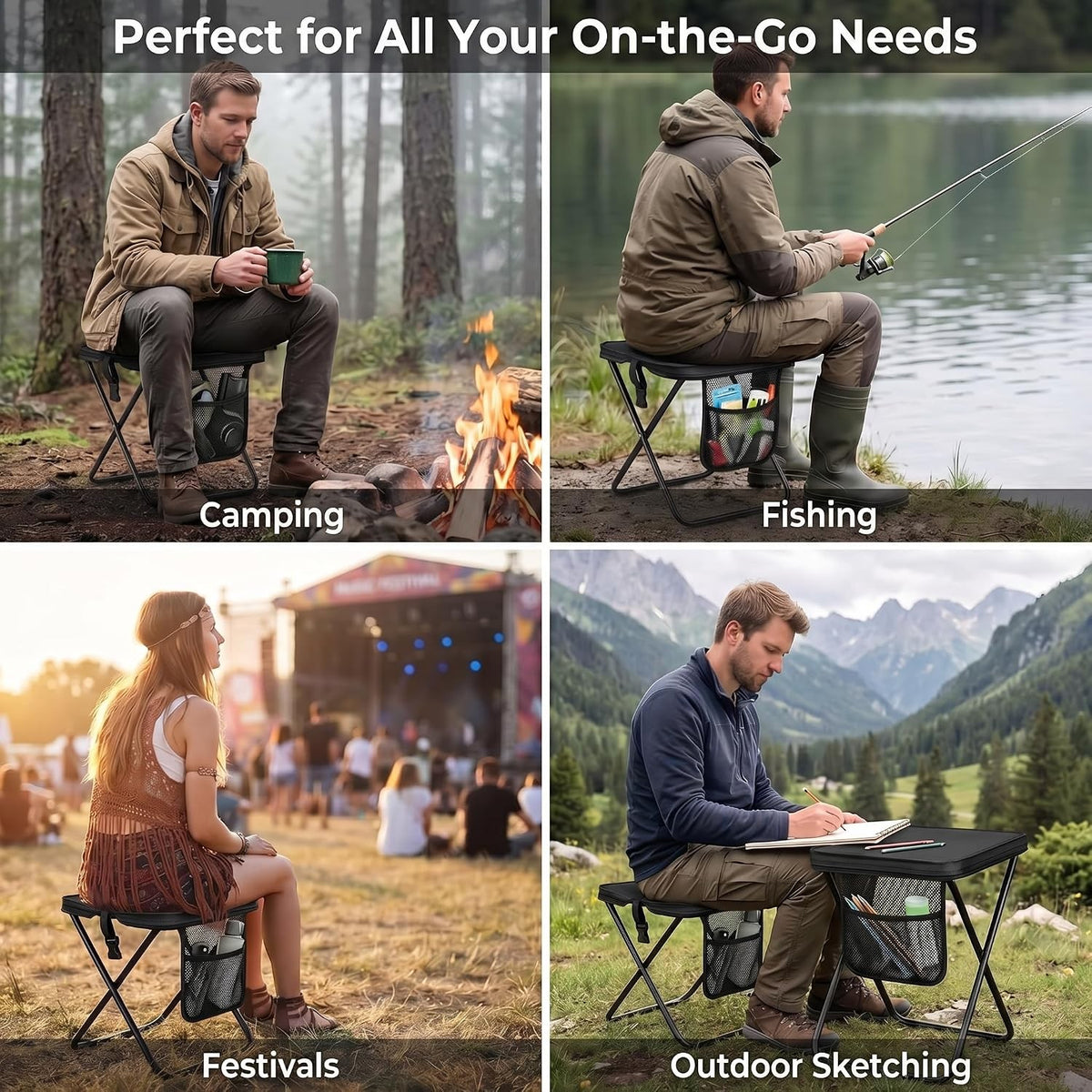 Portable Collapsible Stool for Camping Hiking Fishing - 2 Pack