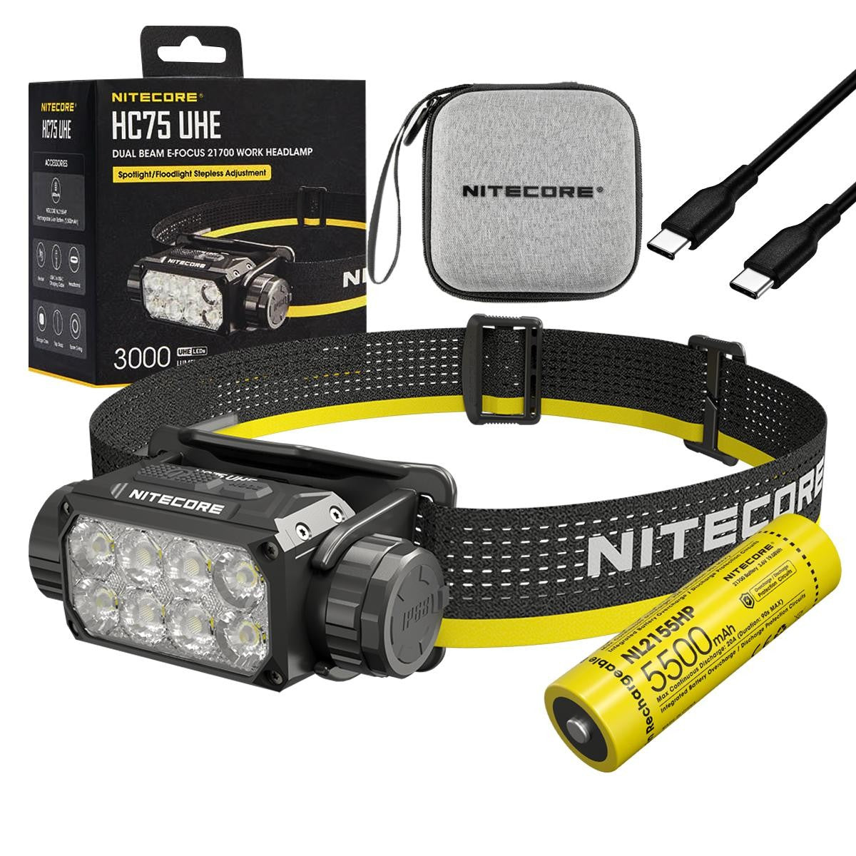Rechargeable Headlamp with 192m Beam and 3000 Lumens - E-Focus Spotlight Floodlight