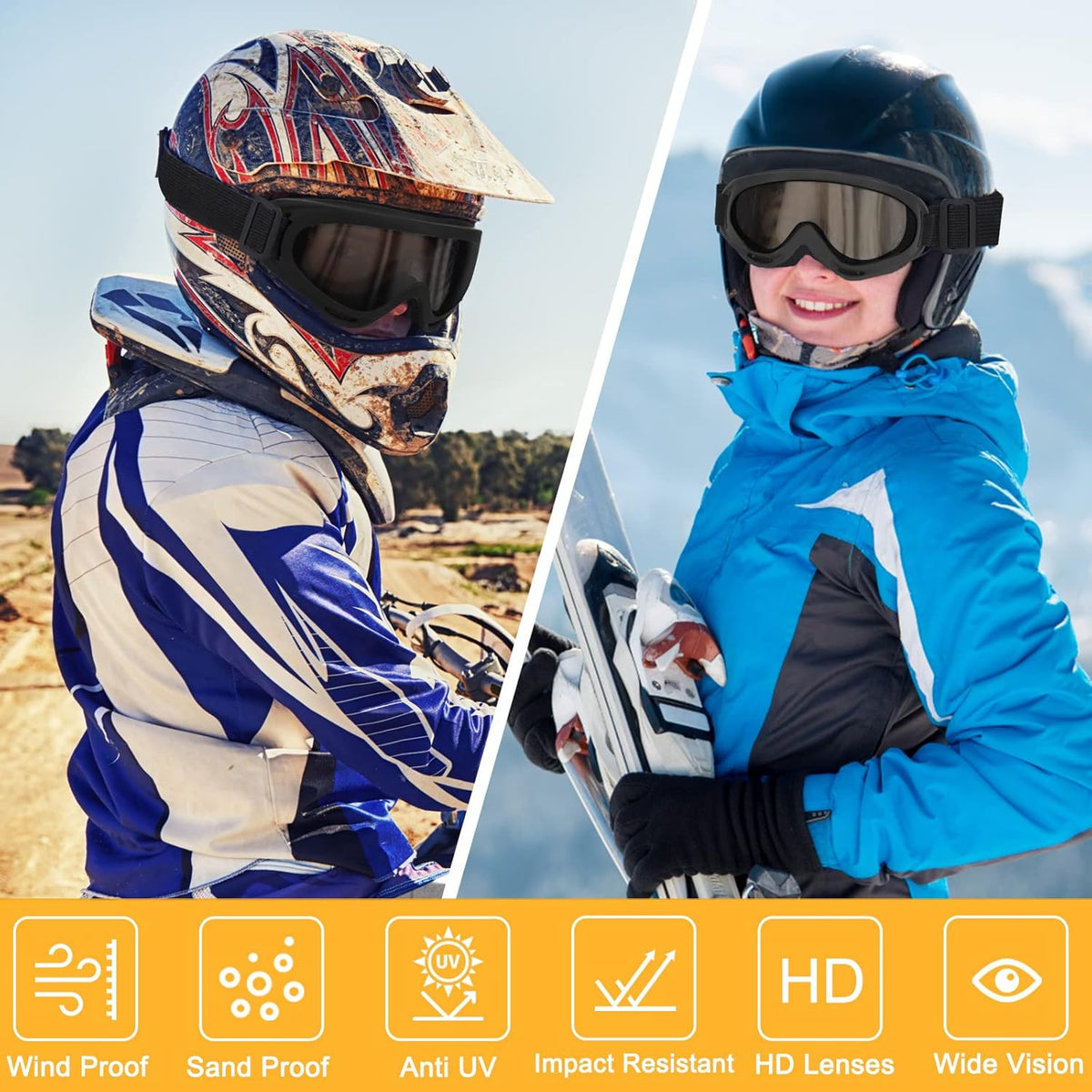 Motorcycle & ATV Ski Goggles Anti-UV Dustproof Windproof 2 Pairs