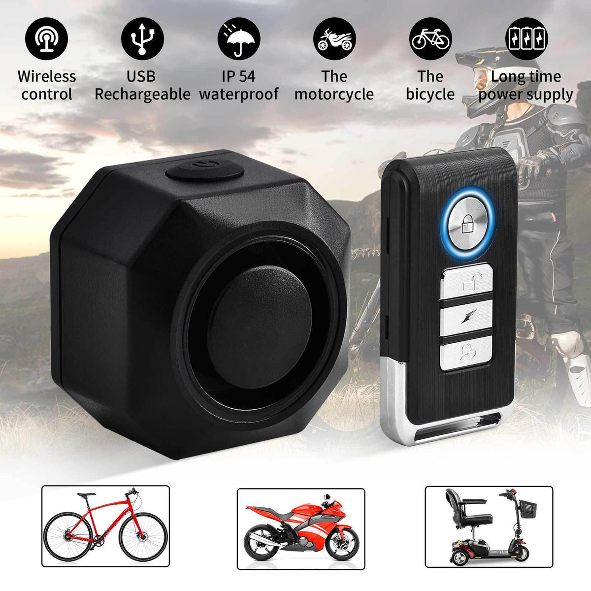 Wireless Bike Alarm System with Remote, Vibration Detection & Waterproof USB Rechargeable