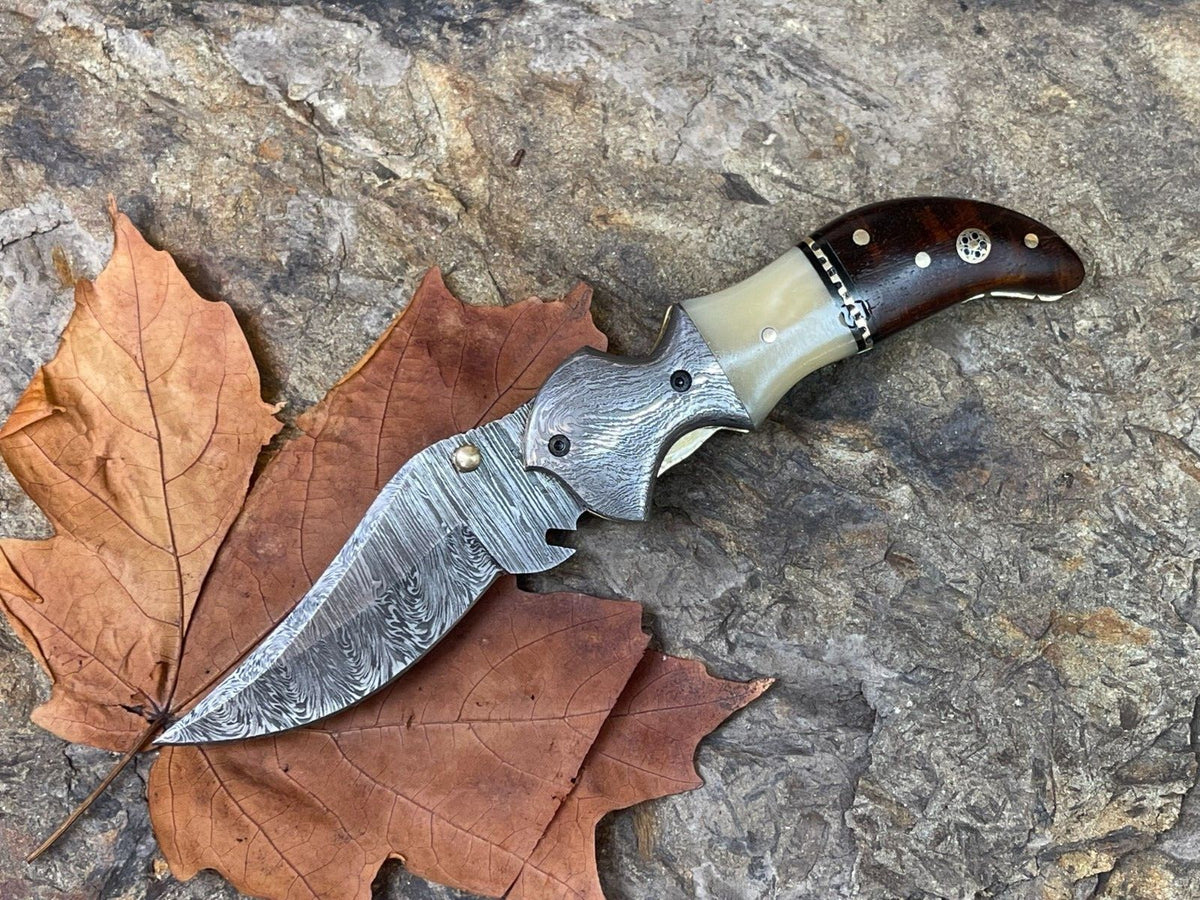 Damascus Folding Pocket Knife with Small Defects Handmade, Multiple Variants