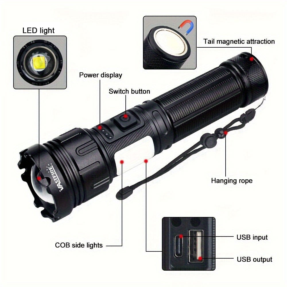 Rechargeable 20W LED Torch with Zoomable COB Light - USB Powered