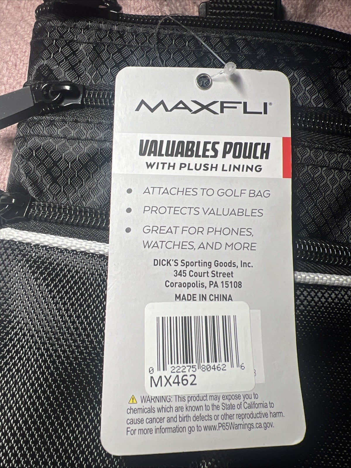 Golf Valuables Pouch with Plush Lining - Attaches to Golf Bag - MX462