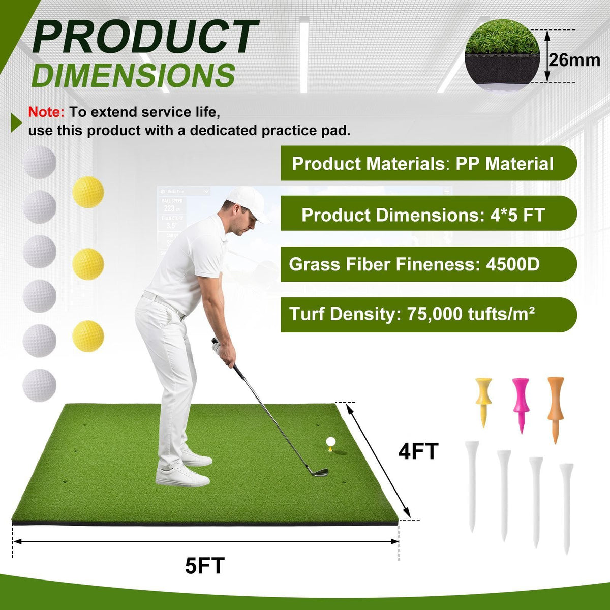 Dual Turf Golf Hitting Mat 5x4FT - High-Density Practice & Tee Area
