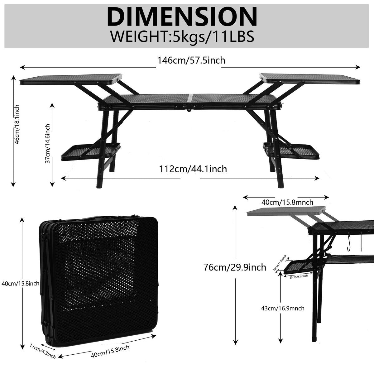 Portable Camping Folding Table with Side Shelves and Storage