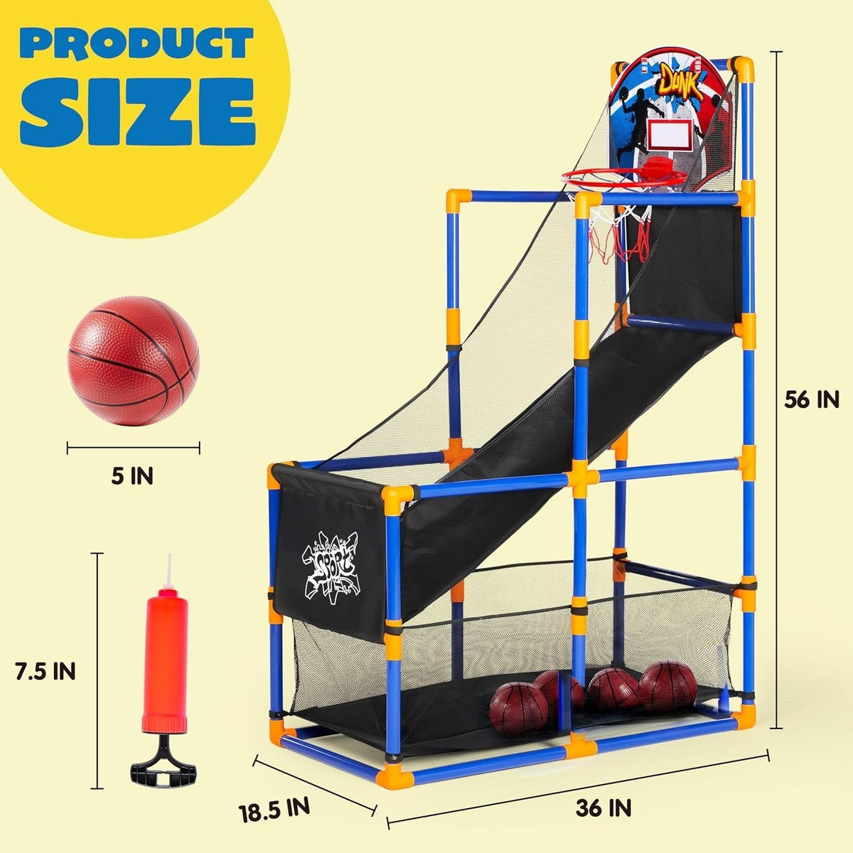 Basketball Arcade Game with 4 Balls and Rim – Adjustable Indoor/Outdoor Play for Ages 3-12