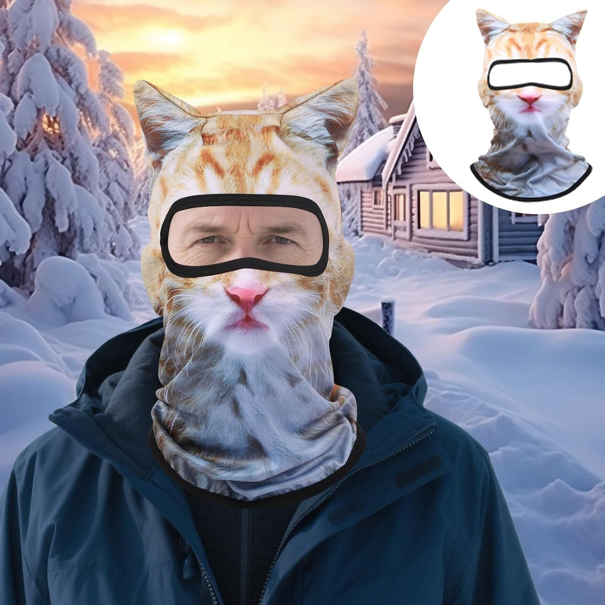 Cute 3D Cat Ski Balaclava Face Mask with Ears - Animal Print Winter Hat