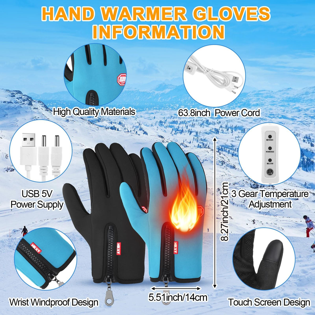 USB Heated Gloves Touchscreen Unisex Winter Gloves - Washable, 3 Temperature Settings