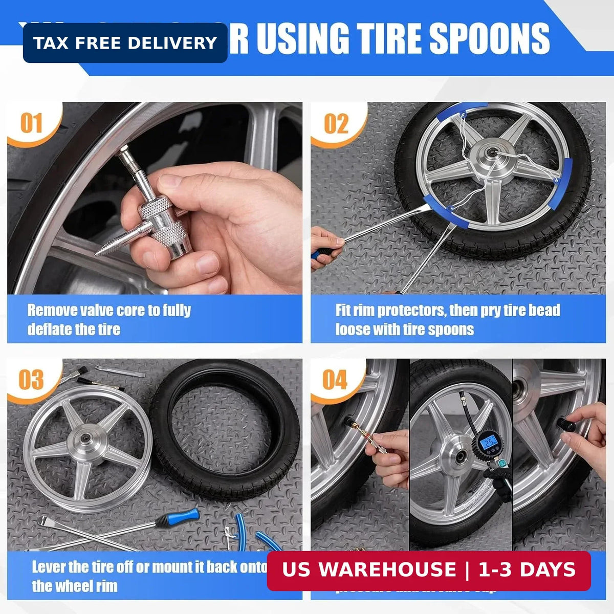 15-Inch Tire Spoons Kit with Rim Protectors and Valve Tools for Motorcycle and Lawn Tractors