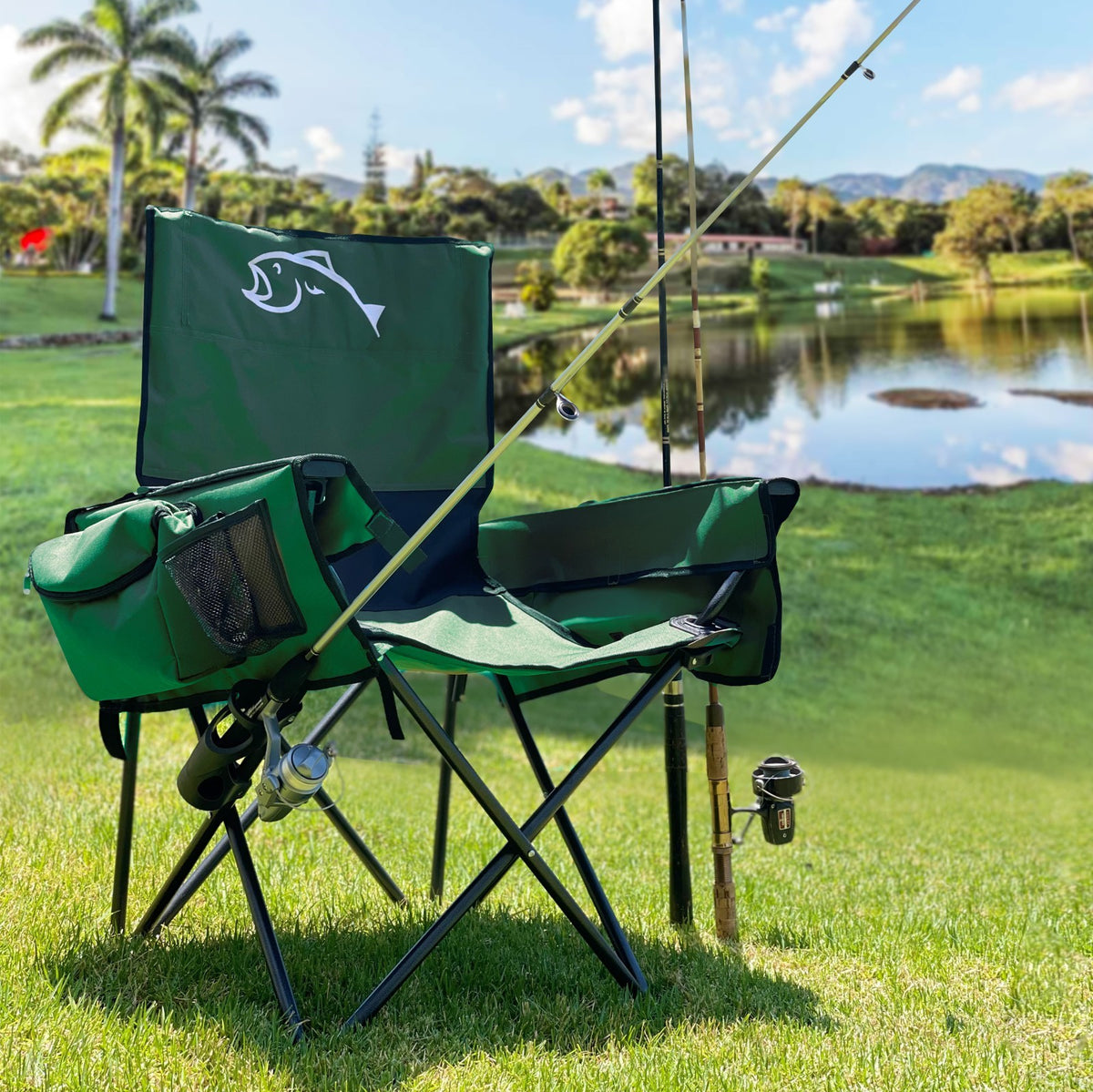 Portable Folding Fishing Chair with Rod Holder, Cooler & Ruler
