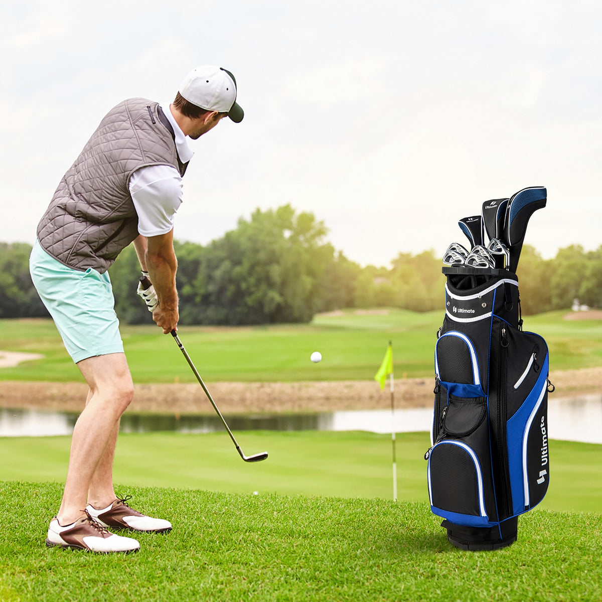 Lightweight Golf Cart Bag with 14-Way Dividers, Waterproof Pockets & Rain Hood - Blue