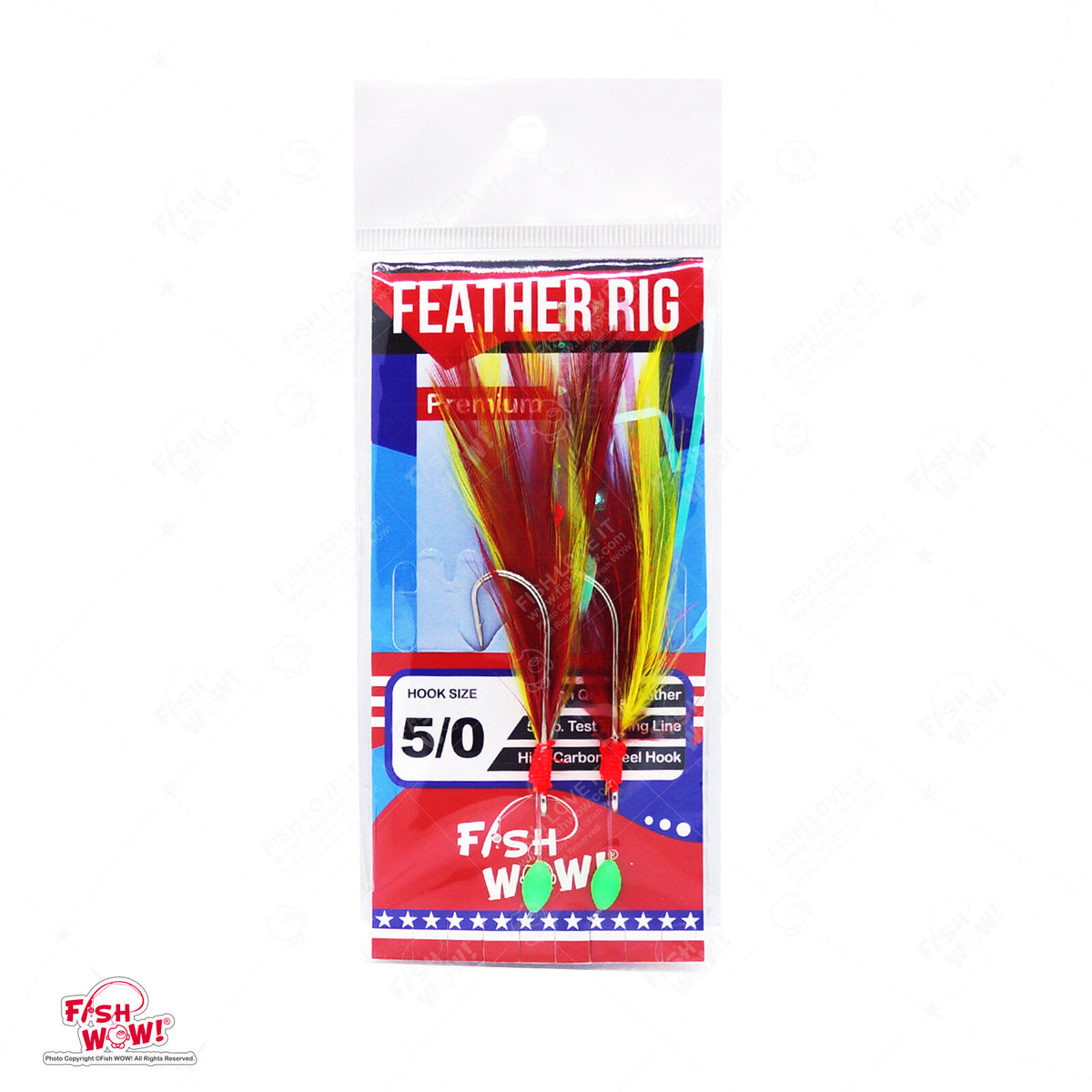 Fishing Rockfish Feather Rig 2-Hook Set - 5 Pack Random Colors