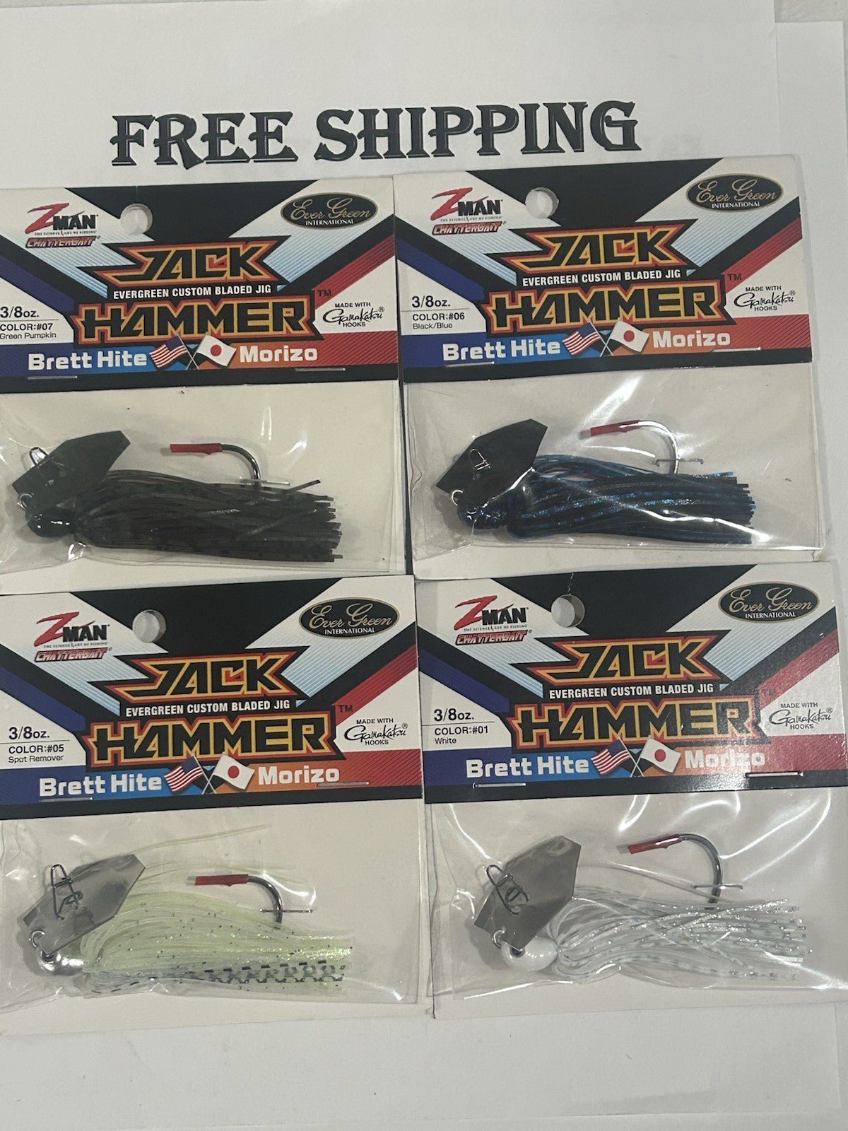 4 Pack Fishing Chatterbait Lures - 3/8 Oz Jack Hammer Baits in Assorted Colors