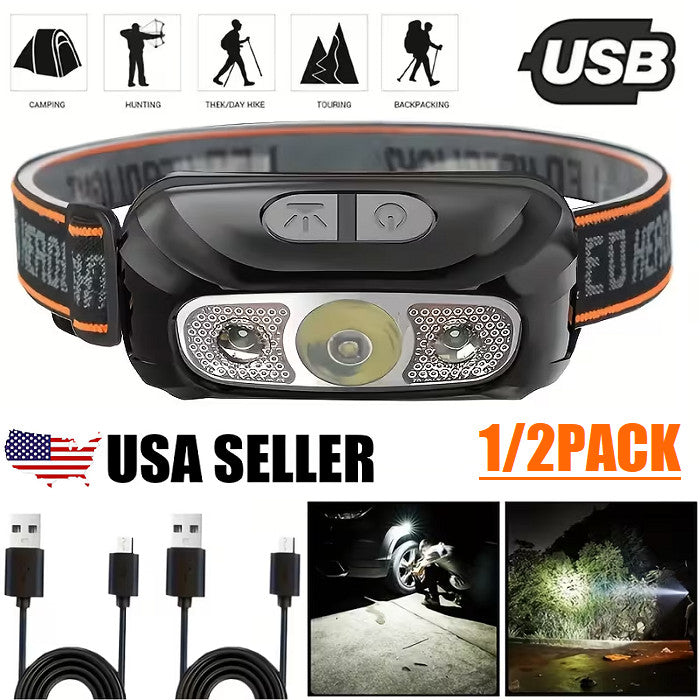 Rechargeable LED Headlamp with Wave Sensor Waterproof Outdoor Head Light