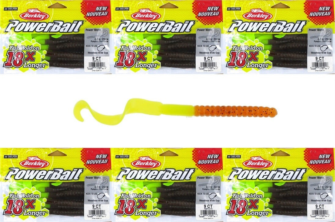 Powerbait 8.5-Inch Pumpkin Chartreuse Soft Fishing Worms – 6 Unopened Bags