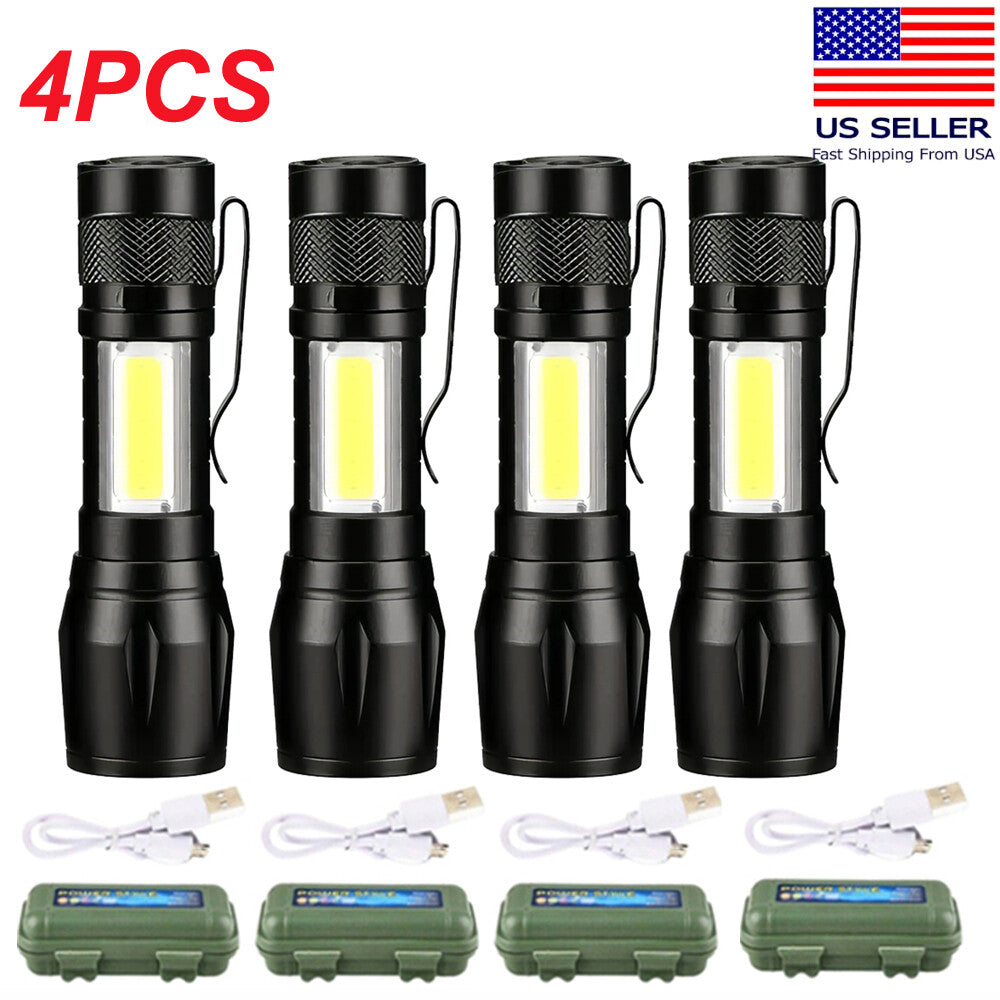 Rechargeable LED Tactical Flashlight 4 Pack with Zoomable Beam & 3 Modes