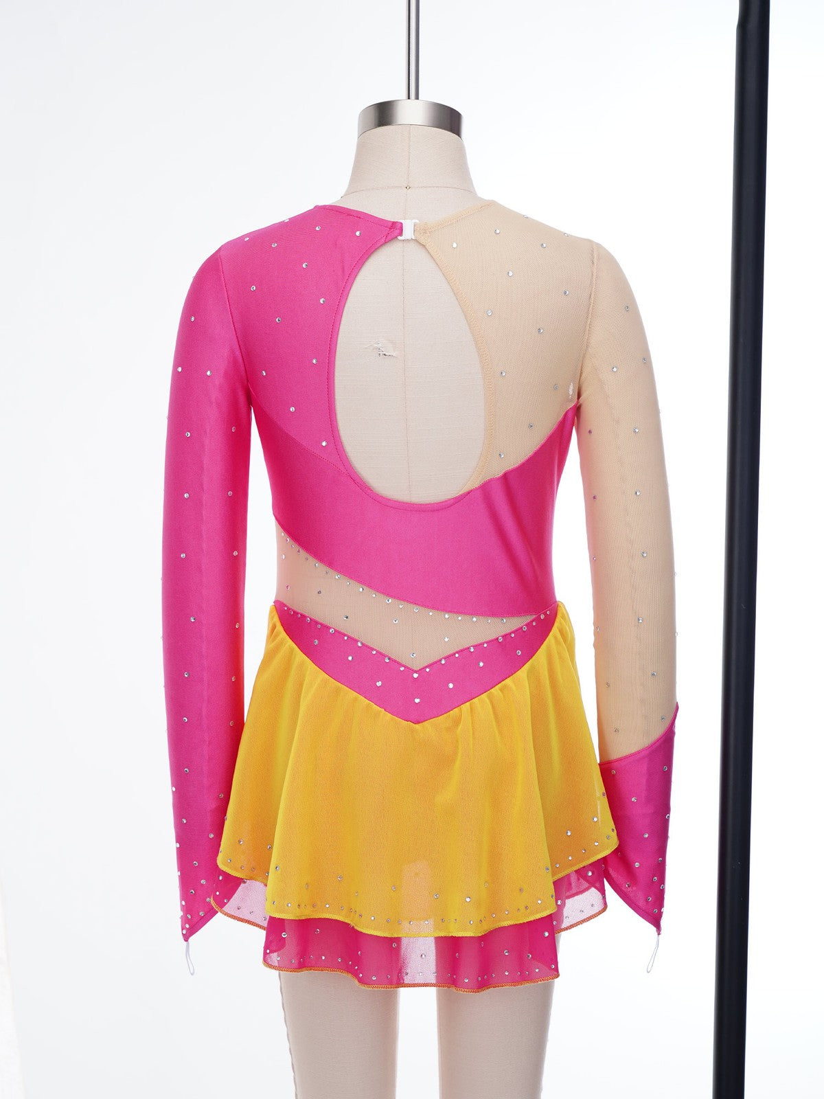 Girls Figure Skating Dress Long Sleeve Rhinestone Mesh Ice Skating Competition
