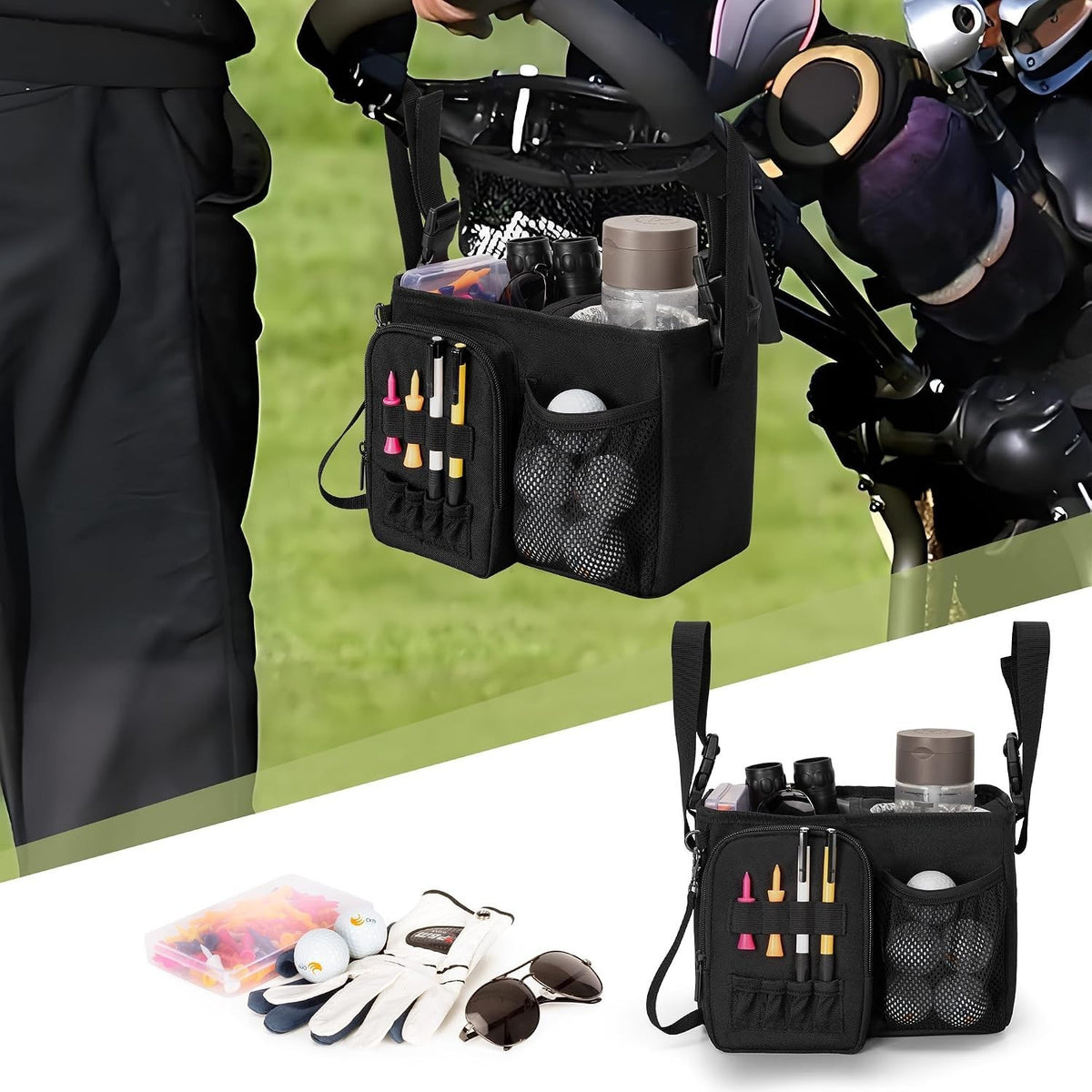 Golf Push Cart Organizer with Insulated Cup Holder & Storage Pockets