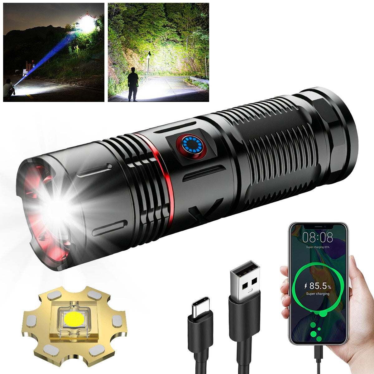Super Bright 1000LM LED Laser Flashlight with Type-C Charging Zoomable Torch