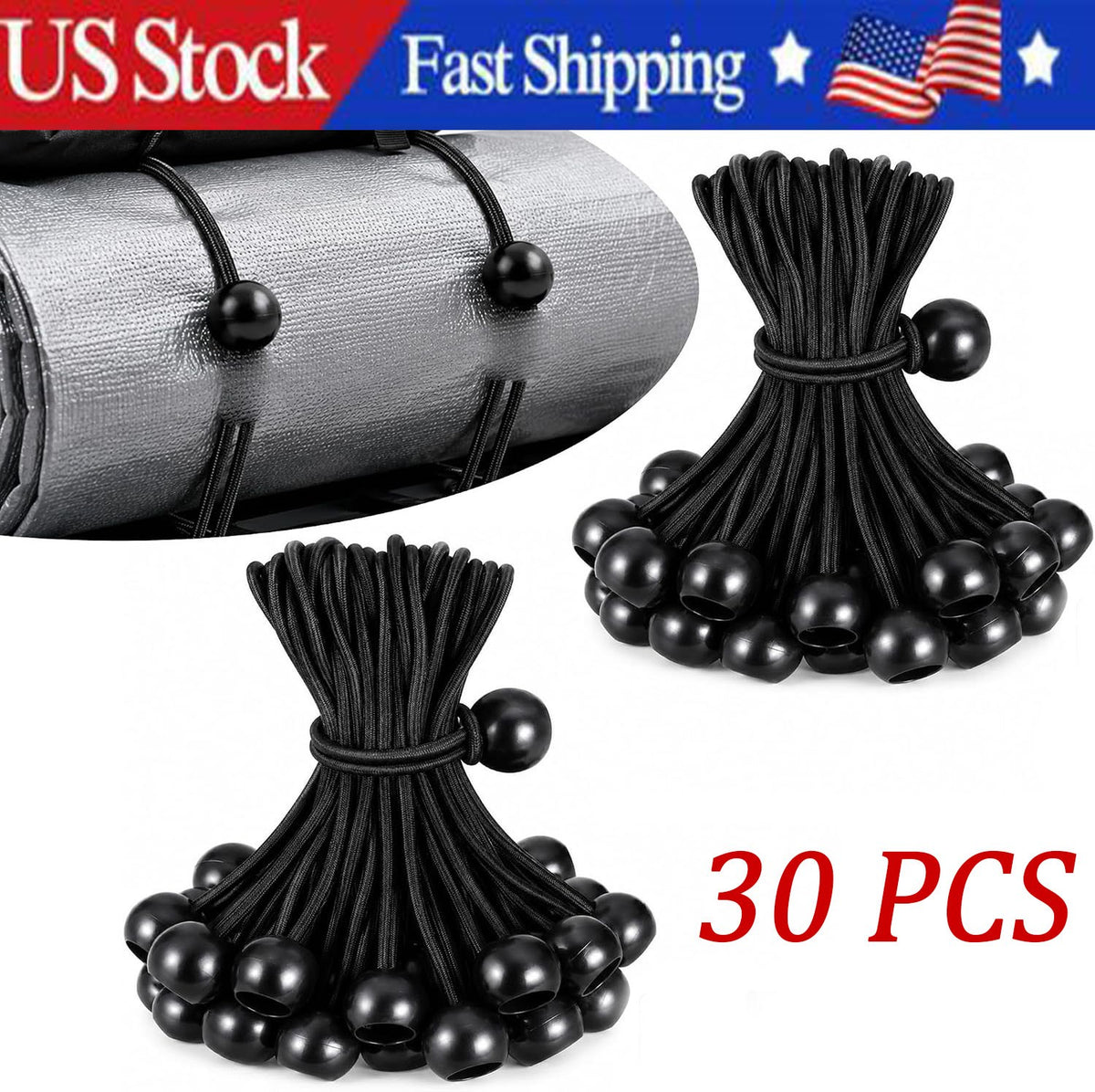 Heavy Duty Black Bungee Cord with Balls - 4 Inch Tie Down Straps for Tarp and Outdoor Use