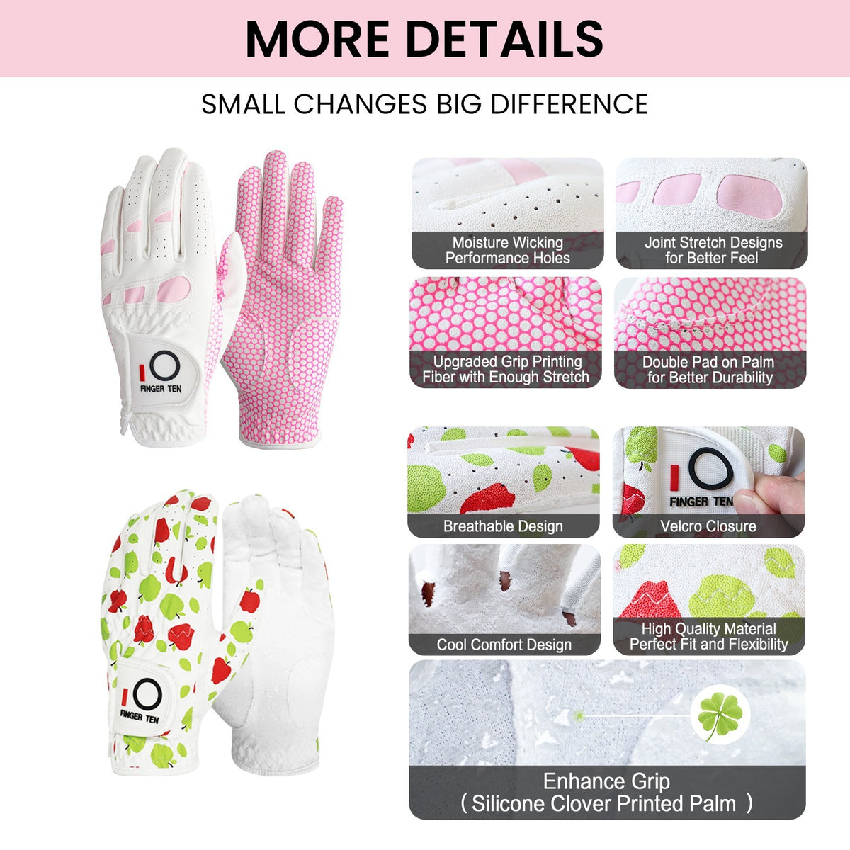 6 Pack Ladies Golf Gloves with Non-Slip Grip - Breathable Synthetic Leather