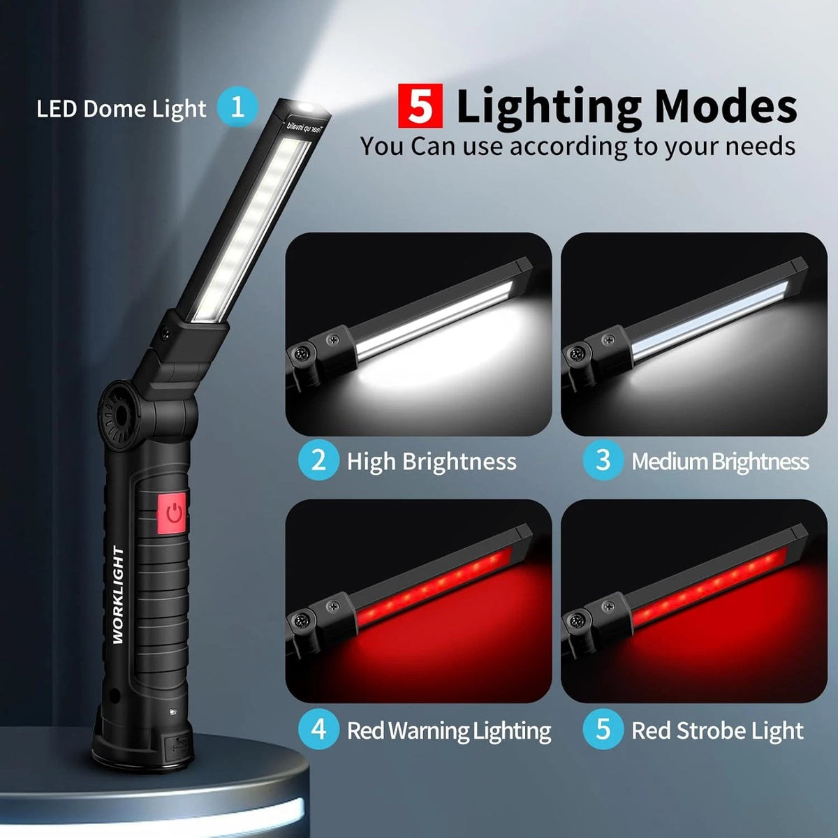 Rechargeable LED Work Light with Magnetic Base, 360° Rotatable, USB-C