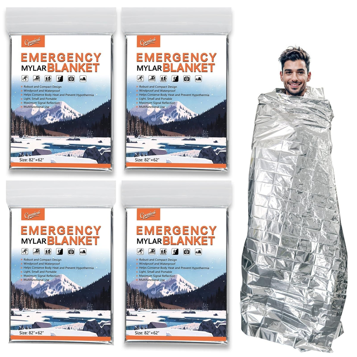 Large Emergency Mylar Thermal Blankets 82x62 Inches Pack of 4