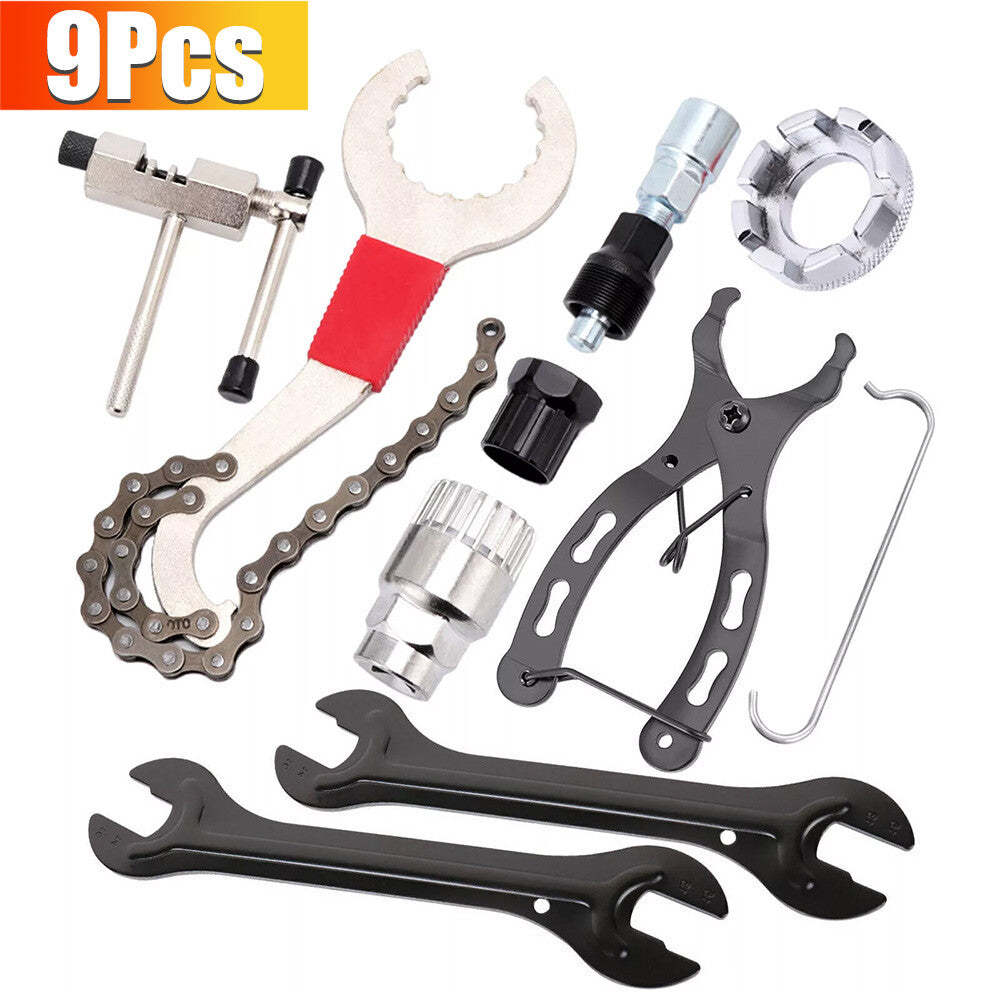 Bike Repair Tool Kit 9 Pieces with Chain Cutter, Crank & Freewheel Remover
