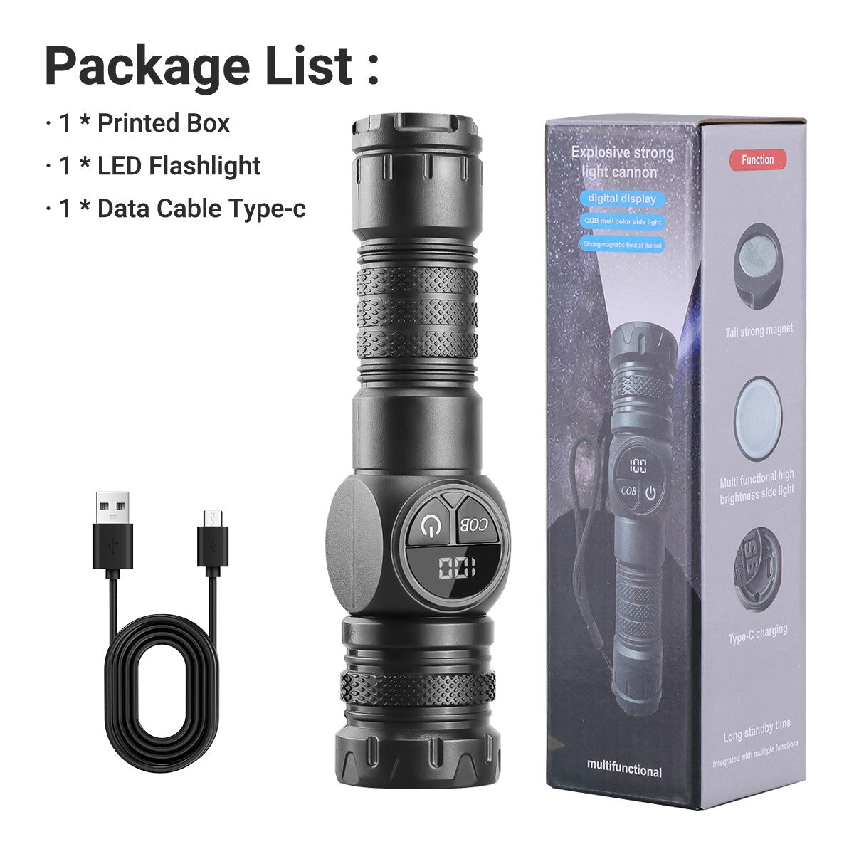 Rechargeable Magnetic COB LED Work Flashlight with Main & Side Lights