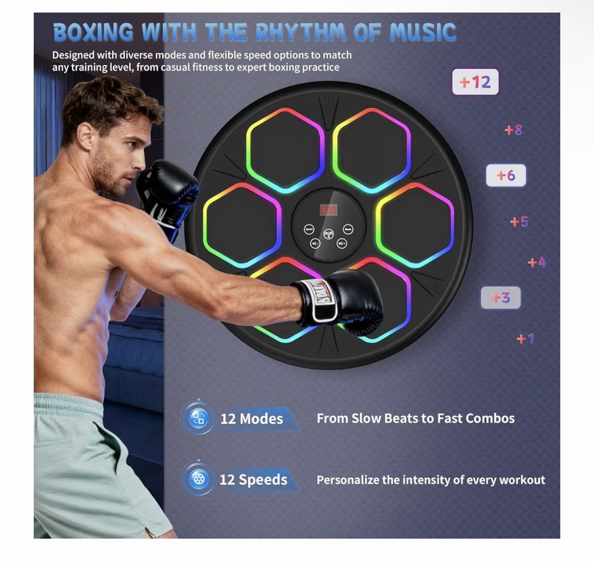 Bluetooth Wall Boxing Trainer with LED Lights & Gloves - 12 Modes