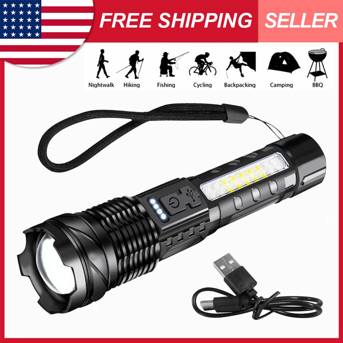 High Power LED Rechargeable Flashlight with Zoom & Multiple Modes